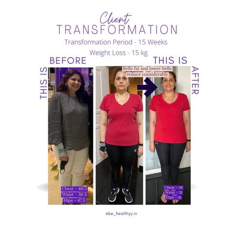 Client before and after photos: 15 kg lost in 15 weeks (Waist 36.5 → 31 in)