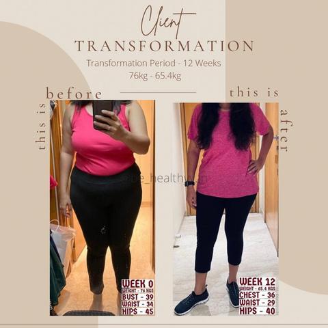Client before and after photos: 10.6 kg lost in 12 weeks (76 → 65.4 kg)